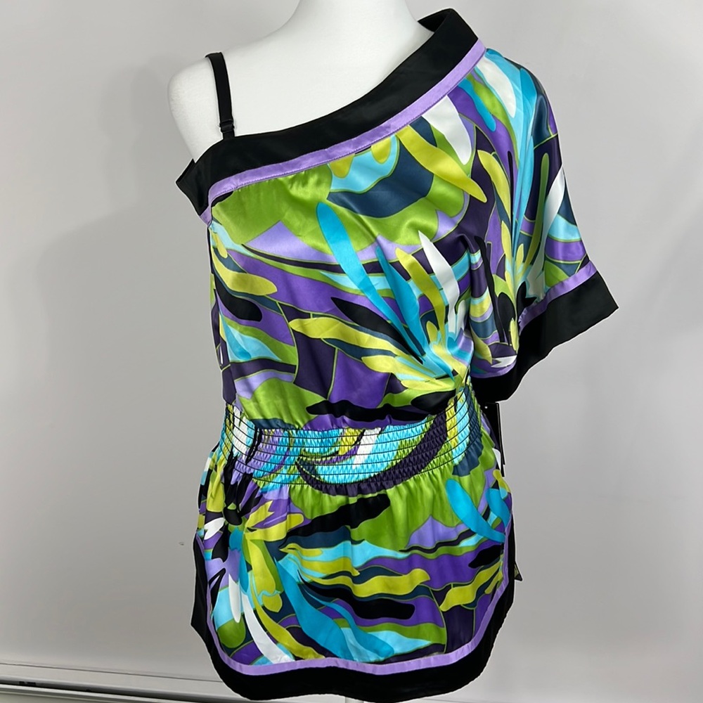IZ Byer one sleeve multicolored vibrant top purple blue black size XS NWT